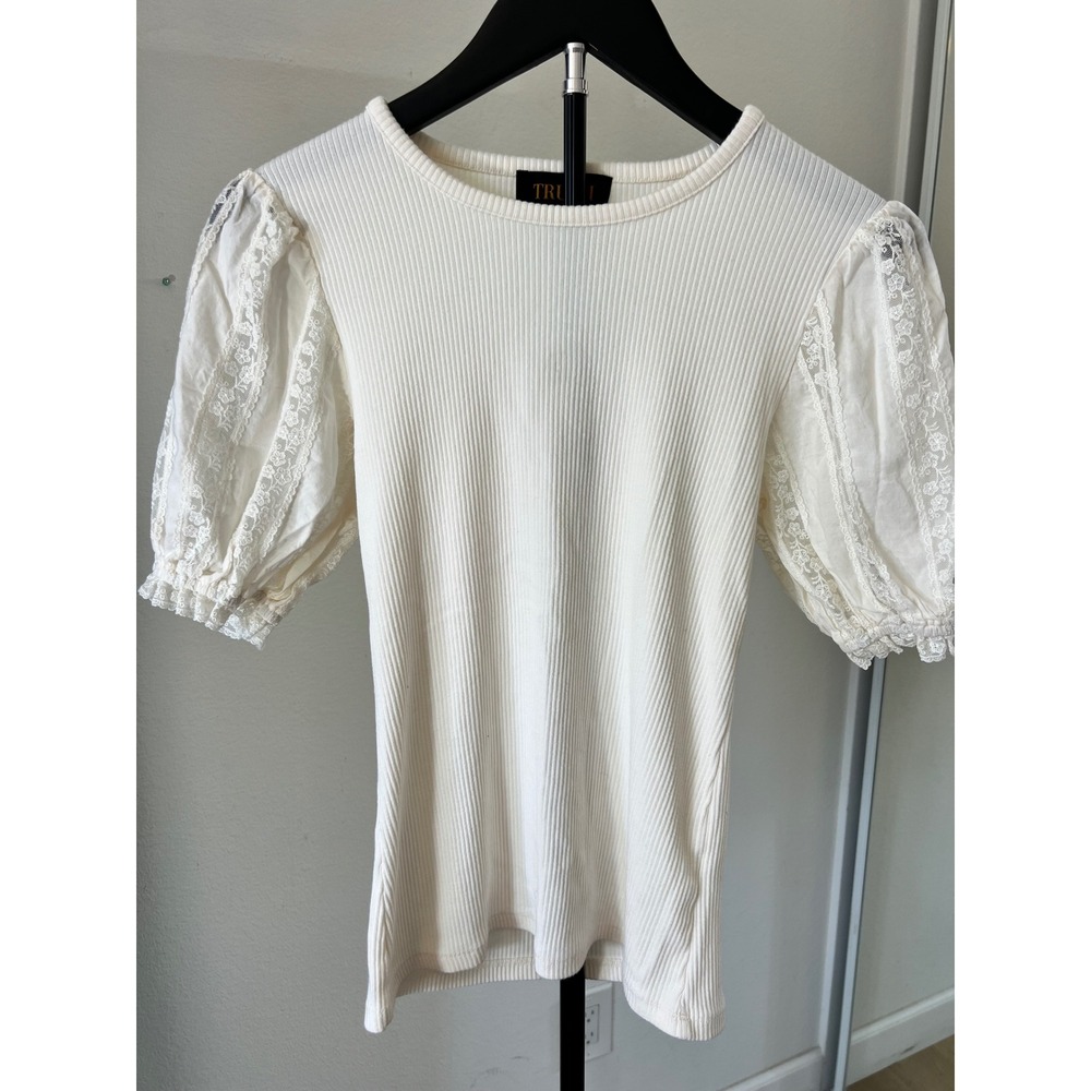 Truth by Republic Ivory Ribbed Lace Puff Sleeve Knit Top Small Cottagecore
